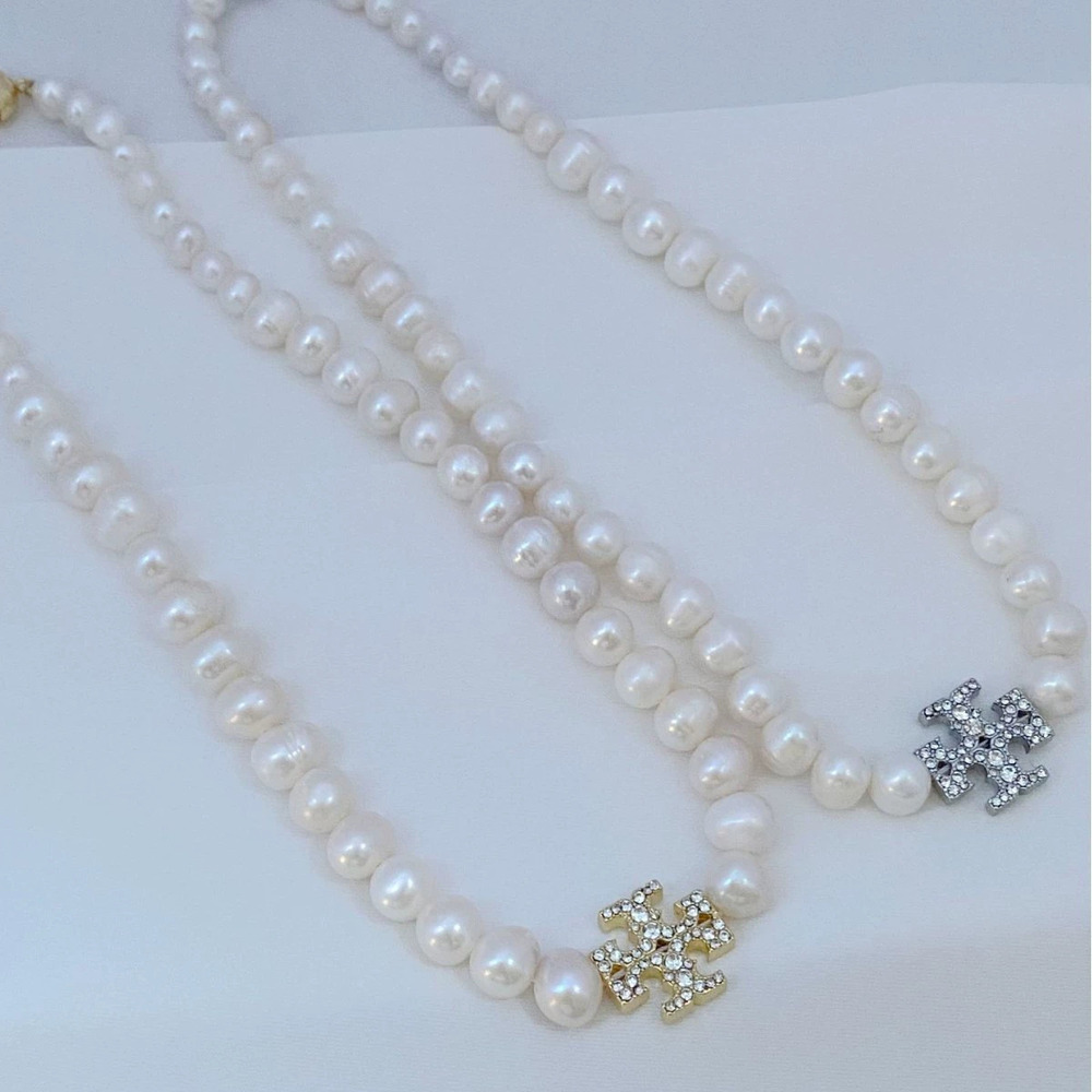 Tory Burch Irregular Baroque Freshwater Pearl Silver Full Diamond Necklace